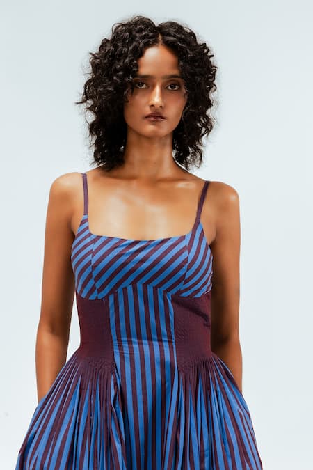 Shop_Leh Studios_Blue Cotton Square Neck Meva Sleeveless Dress 