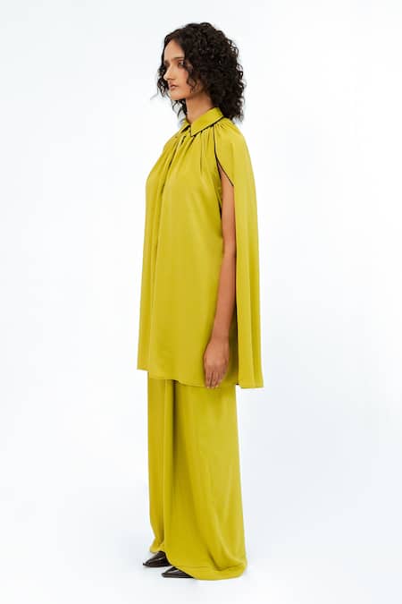 Buy_Leh Studios_Green Viscose, Polyester, Crepe Collared Cherice Solid Shirt With Pant _Online_at_Aza_Fashions