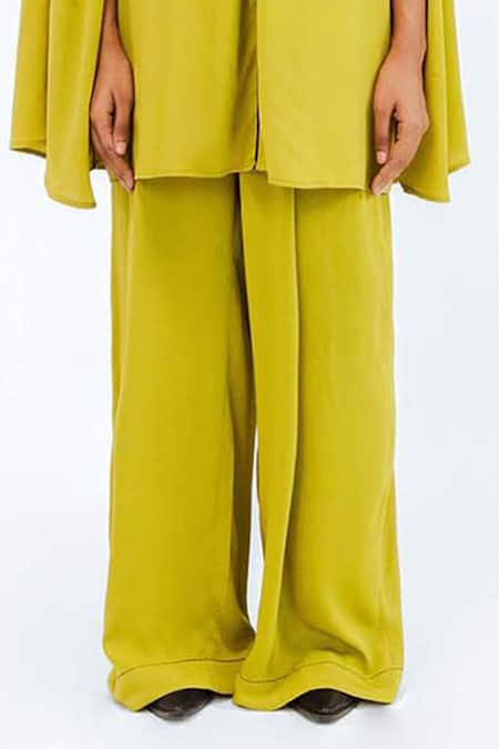 Shop_Leh Studios_Green Viscose, Polyester, Crepe Collared Cherice Solid Shirt With Pant _Online_at_Aza_Fashions
