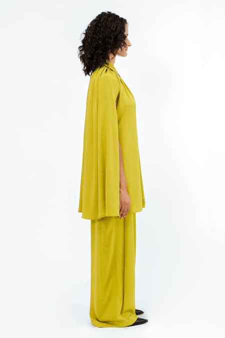 Leh Studios_Green Viscose, Polyester, Crepe Collared Cherice Solid Shirt With Pant _at_Aza_Fashions