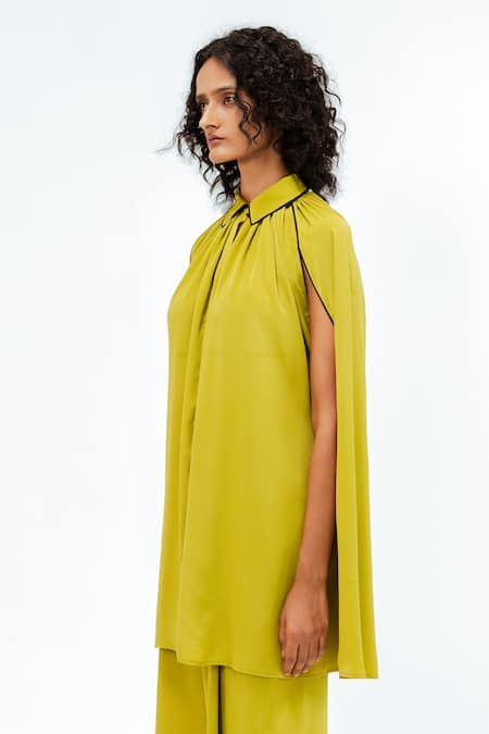 Buy_Leh Studios_Green Viscose, Polyester, Crepe Collared Cherice Solid Shirt With Pant 