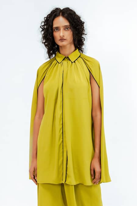 Shop_Leh Studios_Green Viscose, Polyester, Crepe Collared Cherice Solid Shirt With Pant 