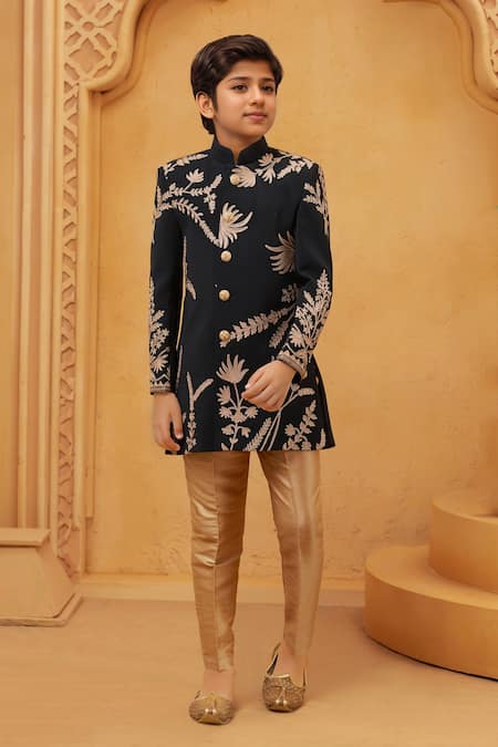 Petite Pomme Black Velvet Floral Sherwani & Gold Pant 
