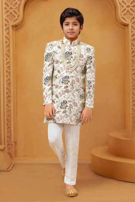 Petite Pomme White Silk, Cotton Embroidery, Zari Floral Banarasi Sherwani And Pant Set