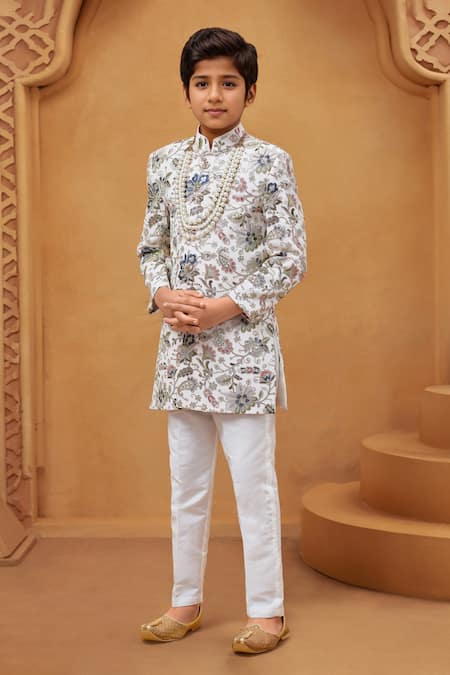 Shop Petite Pomme White Silk, Cotton Embroidery, Zari Floral Banarasi Sherwani And Pant Set at Aza Fashions Shop_Petite Pomme_White Silk, Cotton Embroidery, Zari Floral Banarasi Sherwani And Pant Set _at_Aza_Fashions