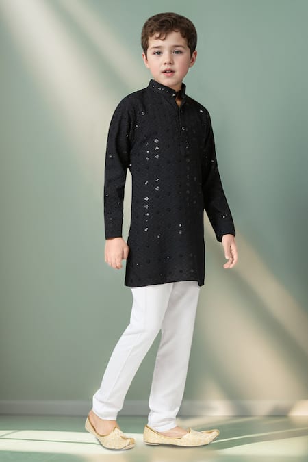 Shop_Petite Pomme_Black Cotton Sequins, Embroidery Kurta Set _Online_at_Aza_Fashions