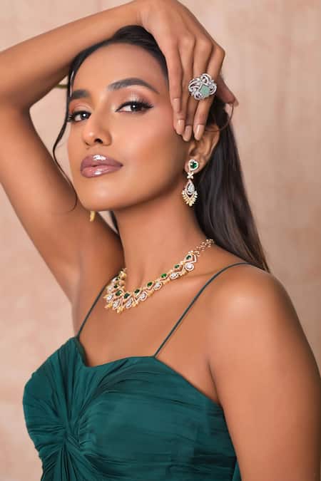 Vridhi Somaani_Green Satin, Georgette, Net Beads, Embroidery Open Amara Long Cape And Skirt Set _Online_at_Aza_Fashions