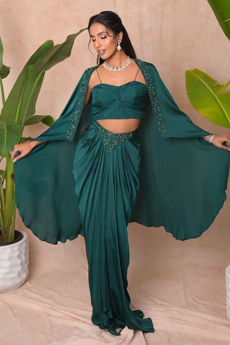 Buy_Vridhi Somaani_Green Satin, Georgette, Net Beads, Embroidery Open Amara Long Cape And Skirt Set _Online_at_Aza_Fashions