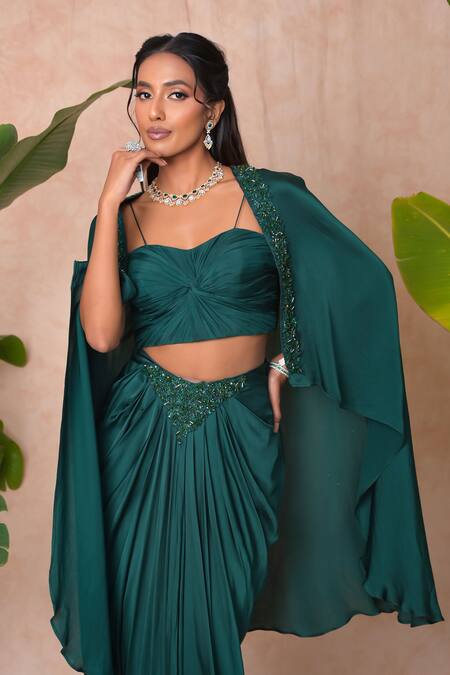 Shop_Vridhi Somaani_Green Satin, Georgette, Net Beads, Embroidery Open Amara Long Cape And Skirt Set _Online_at_Aza_Fashions