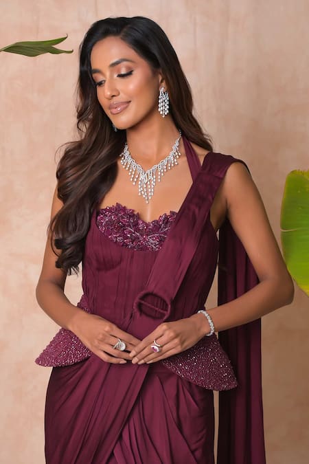 Shop_Vridhi Somaani_Wine Satin, Georgette, Crepe, Net Estelle Pre-draped Saree And Corset Set _Online_at_Aza_Fashions