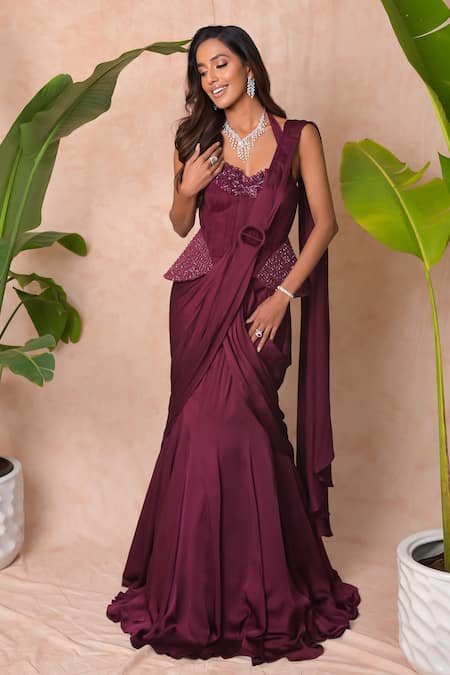 Buy_Vridhi Somaani_Wine Satin, Georgette, Crepe, Net Estelle Pre-draped Saree And Corset Set 