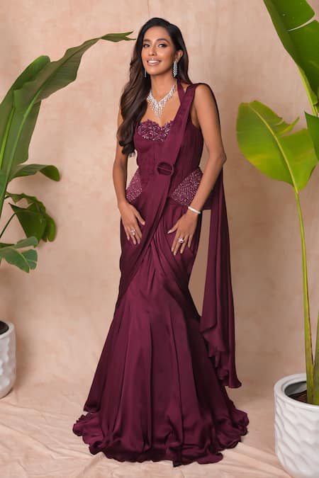 Shop_Vridhi Somaani_Wine Satin, Georgette, Crepe, Net Estelle Pre-draped Saree And Corset Set 