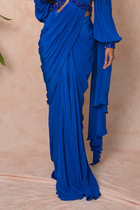 Vridhi Somaani_Blue Crepe, Chiffon, Net Beads, Lucy Pre-draped Saree And Hand Work Blouse Set _Online_at_Aza_Fashions