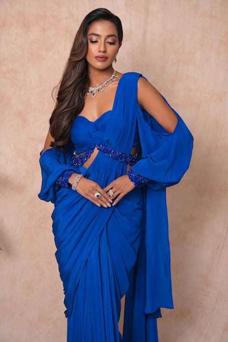 Shop_Vridhi Somaani_Blue Crepe, Chiffon, Net Beads, Lucy Pre-draped Saree And Hand Work Blouse Set _Online_at_Aza_Fashions