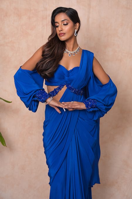 Buy_Vridhi Somaani_Blue Crepe, Chiffon, Net Beads, Lucy Pre-draped Saree And Hand Work Blouse Set 