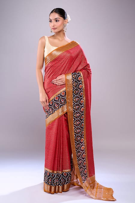 Naintara Bajaj Red Chanderi Embroidery Round Neck Abstract Floral Saree With Running Blouse