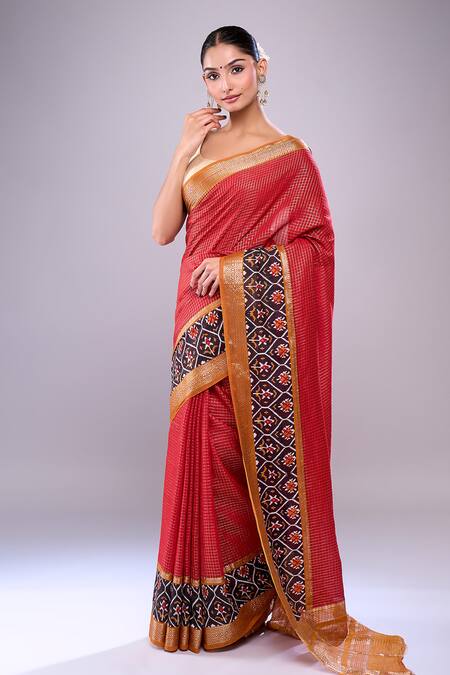 Buy Naintara Bajaj Red Chanderi Embroidery Round Neck Abstract Floral Saree With Running Blouse Online at Aza Fashions Buy_Naintara Bajaj_Red Chanderi Embroidery Round Neck Abstract Floral Saree With Running Blouse _Online_at_Aza_Fashions