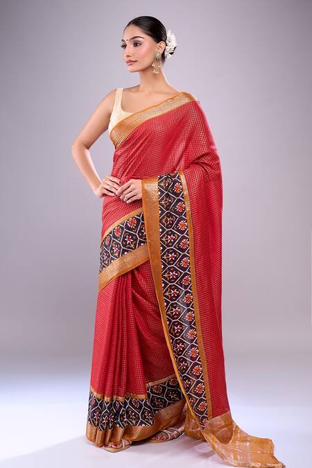 Shop Naintara Bajaj Red Chanderi Embroidery Round Neck Abstract Floral Saree With Running Blouse Online at Aza Fashions Shop_Naintara Bajaj_Red Chanderi Embroidery Round Neck Abstract Floral Saree With Running Blouse _Online_at_Aza_Fashions