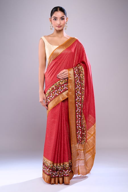Naintara Bajaj Red Chanderi Embroidery Blossom Hem Saree With Running Blouse