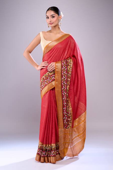 Shop Naintara Bajaj Red Chanderi Embroidery Blossom Hem Saree With Running Blouse Online at Aza Fashions Shop_Naintara Bajaj_Red Chanderi Embroidery Blossom Hem Saree With Running Blouse _Online_at_Aza_Fashions