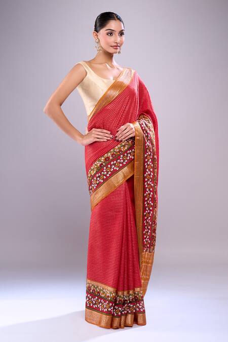 Buy Naintara Bajaj Red Chanderi Embroidery Blossom Hem Saree With Running Blouse Buy_Naintara Bajaj_Red Chanderi Embroidery Blossom Hem Saree With Running Blouse