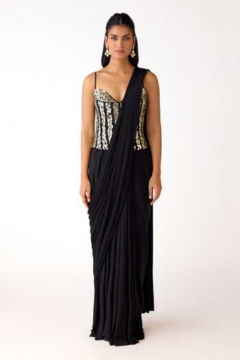 Basanti Kapde aur Koffee Pre-Draped Saree With Mirror Work Blouse 