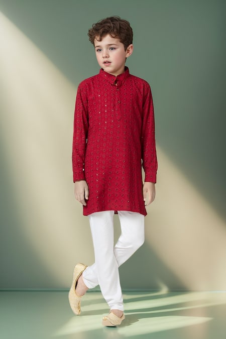 Buy Petite Pomme Maroon Cotton Embroidery, Sequins Kurta Set Online at Aza Fashions Buy_Petite Pomme_Maroon Cotton Embroidery, Sequins Kurta Set _Online_at_Aza_Fashions