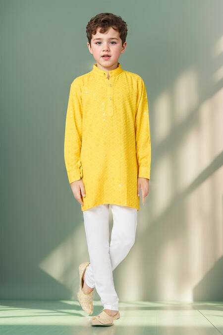 Shop_Petite Pomme_Yellow Cotton Sequins, Embroidery Kurta Set With Churidar _Online_at_Aza_Fashions