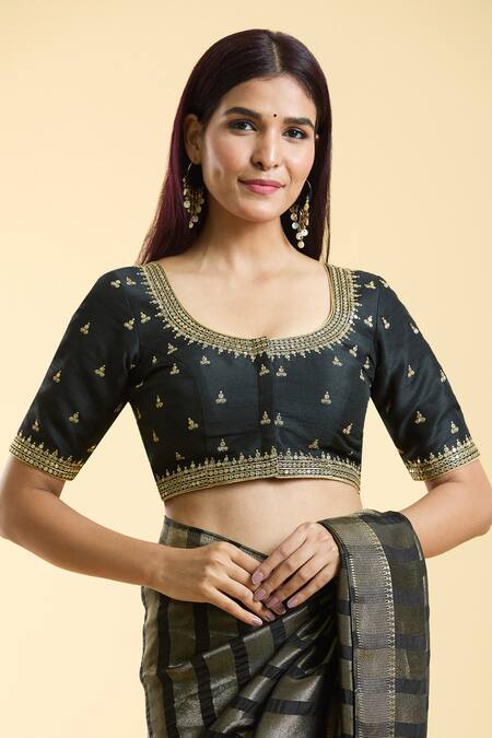 Samyukta Singhania Black Silk Embroidery Round Neck Ditsy Bloom Blouse at Aza Fashions Samyukta Singhania_Black Silk Embroidery Round Neck Ditsy Bloom Blouse _at_Aza_Fashions