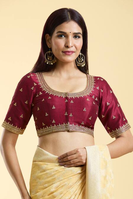 Buy_Samyukta Singhania_Maroon Silk Embroidery Round Neck Ditsy Flora Blouse 