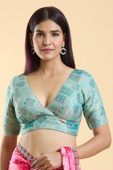 Buy_Samyukta Singhania_Green Brocade V-neck Paisley Bloom Woven Blouse 
