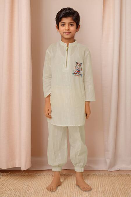 Petite Pomme White Lurex Owl Kurta Set 
