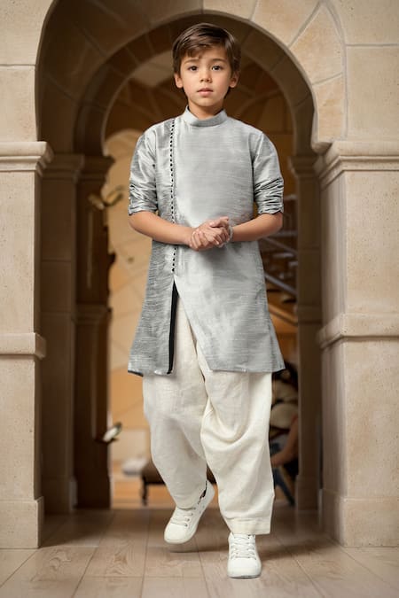 Petite Pomme Solid Grey Angarkha Kurta Set 