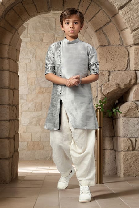 Petite Pomme_Gray Silk, Cotton Solid Grey Angarkha Kurta Set _Online_at_Aza_Fashions