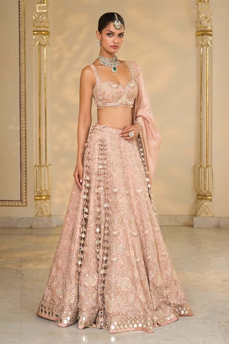Arpita Mehta_Pink Organza, Net Embroidery, Mirrors, Zari, Floral Hand Bridal Lehenga Set _Online_at_Aza_Fashions