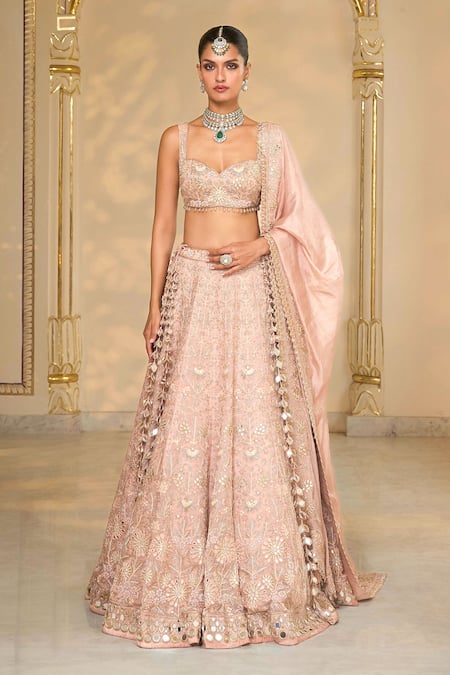 Buy_Arpita Mehta_Pink Organza, Net Embroidery, Mirrors, Zari, Floral Hand Bridal Lehenga Set _Online_at_Aza_Fashions