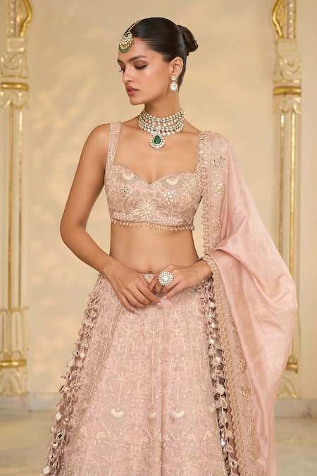 Shop_Arpita Mehta_Pink Organza, Net Embroidery, Mirrors, Zari, Floral Hand Bridal Lehenga Set _Online_at_Aza_Fashions