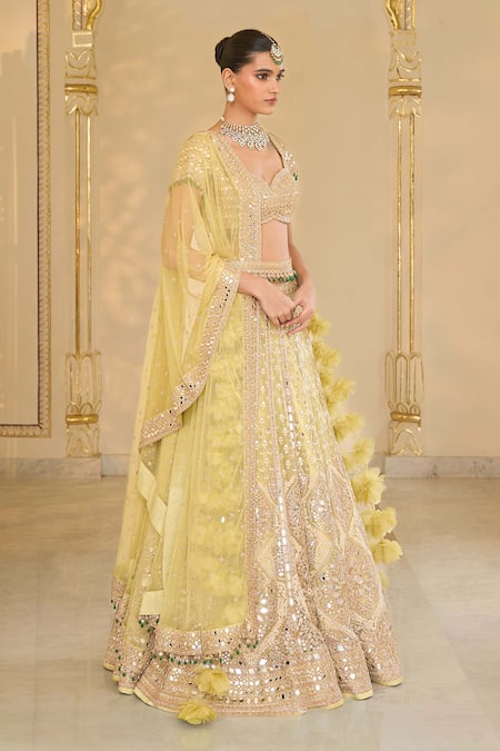 Arpita Mehta_Mint Net Mirrors, Embroidery, Pom-poms, Tassels Thread And Hand Lehenga Set _Online_at_Aza_Fashions