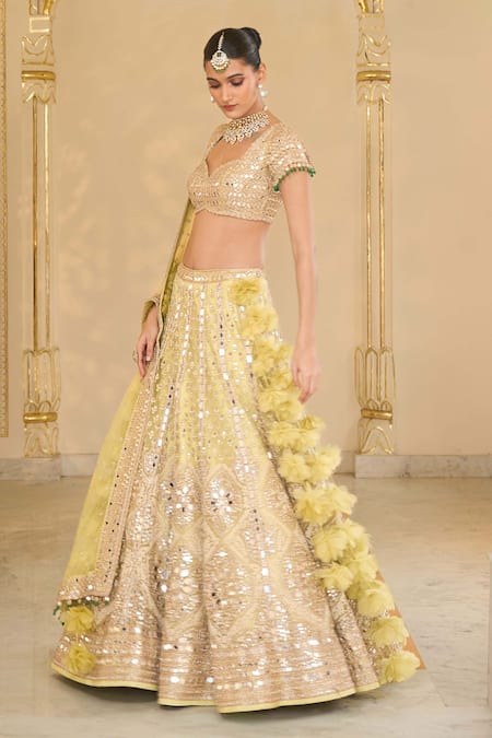Buy_Arpita Mehta_Mint Net Mirrors, Embroidery, Pom-poms, Tassels Thread And Hand Lehenga Set _Online_at_Aza_Fashions