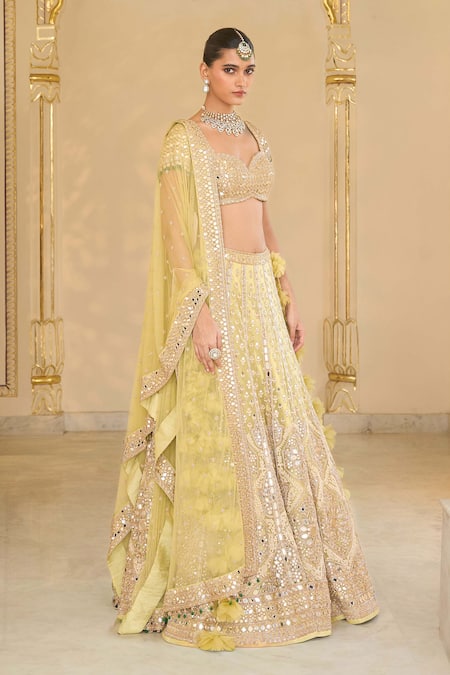 Shop_Arpita Mehta_Mint Net Mirrors, Embroidery, Pom-poms, Tassels Thread And Hand Lehenga Set _Online_at_Aza_Fashions