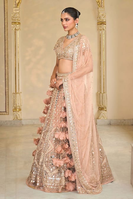 Arpita Mehta_Pink Net Mirrors, Embroidery, Applique, Fabric Thread And Bridal Lehenga Set _Online_at_Aza_Fashions
