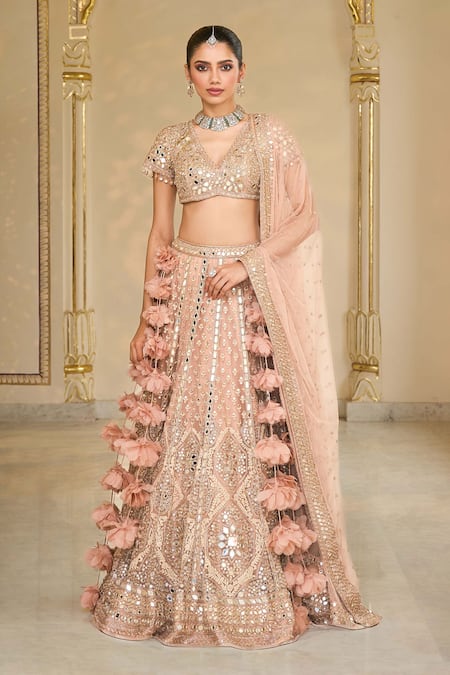 Buy_Arpita Mehta_Pink Net Mirrors, Embroidery, Applique, Fabric Thread And Bridal Lehenga Set _Online_at_Aza_Fashions