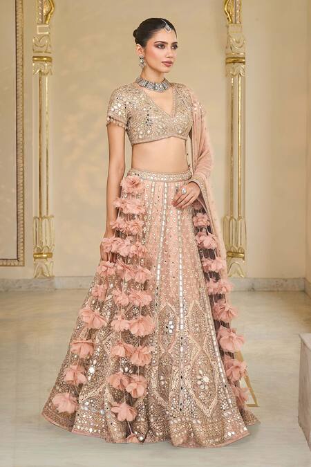 Shop_Arpita Mehta_Pink Net Mirrors, Embroidery, Applique, Fabric Thread And Bridal Lehenga Set _Online_at_Aza_Fashions