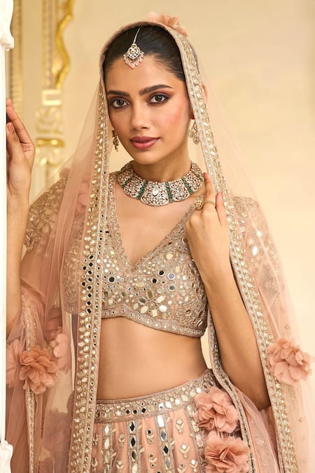 Buy_Arpita Mehta_Pink Net Mirrors, Embroidery, Applique, Fabric Thread And Bridal Lehenga Set 