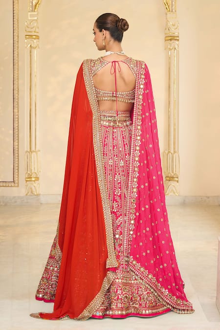 Buy_Arpita Mehta_Pink Organza, Net Embroidery, Mirrors, Metallic Thread, And Bridal Lehenga Set _Online_at_Aza_Fashions