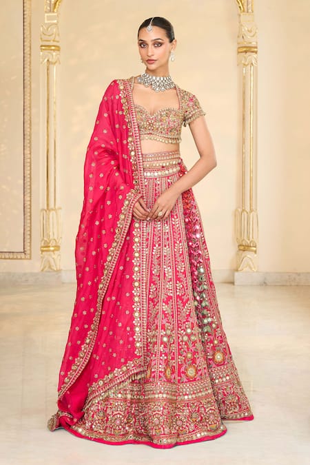 Shop_Arpita Mehta_Pink Organza, Net Embroidery, Mirrors, Metallic Thread, And Bridal Lehenga Set _Online_at_Aza_Fashions