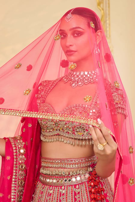 Arpita Mehta_Pink Organza, Net Embroidery, Mirrors, Metallic Thread, And Bridal Lehenga Set _at_Aza_Fashions