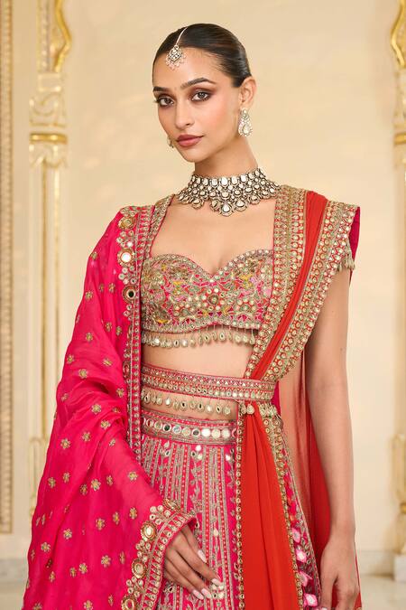 Buy_Arpita Mehta_Pink Organza, Net Embroidery, Mirrors, Metallic Thread, And Bridal Lehenga Set 