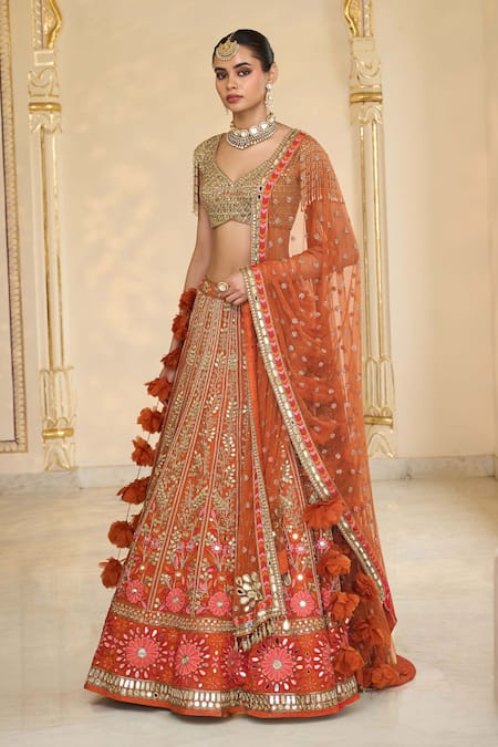Arpita Mehta Orange Organza, Net Mirrors, Embroidery, Tassels, Thread And Bridal Lehenga Set Online at Aza Fashions Arpita Mehta_Orange Organza, Net Mirrors, Embroidery, Tassels, Thread And Bridal Lehenga Set _Online_at_Aza_Fashions