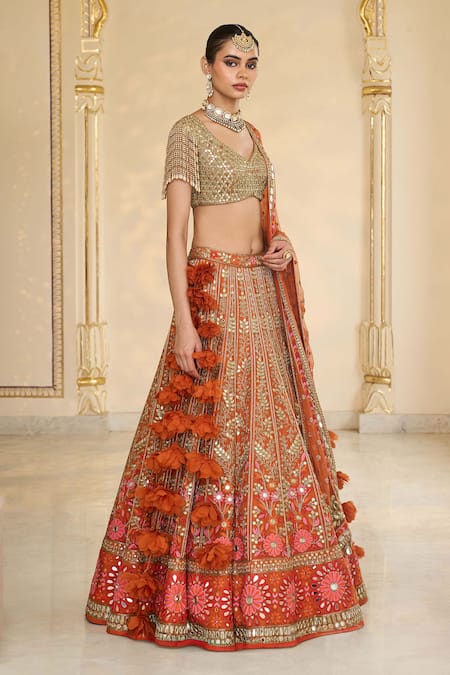 Buy Arpita Mehta Orange Organza, Net Mirrors, Embroidery, Tassels, Thread And Bridal Lehenga Set Online at Aza Fashions Buy_Arpita Mehta_Orange Organza, Net Mirrors, Embroidery, Tassels, Thread And Bridal Lehenga Set _Online_at_Aza_Fashions
